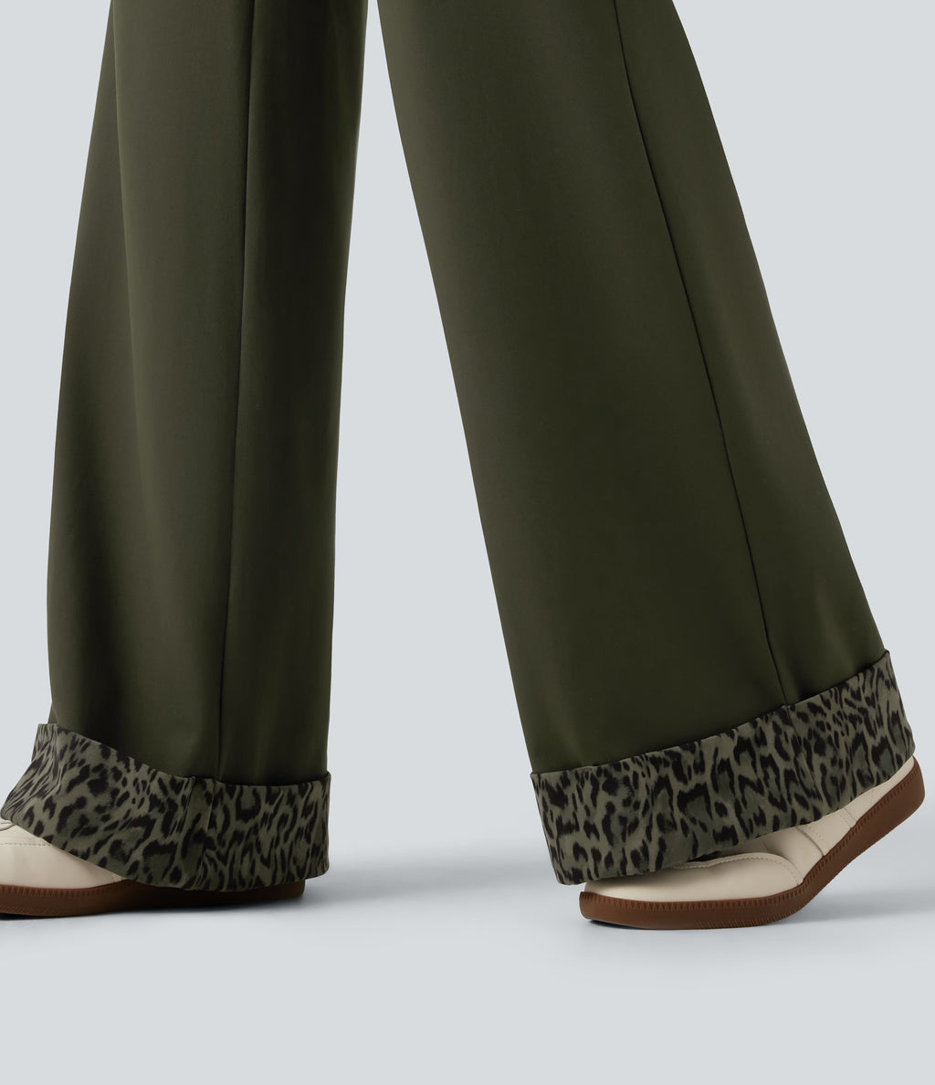 High Waisted Leopard Tummy Control Wide Leg Yoga Trousers with Pockets — Forest Night — view 6