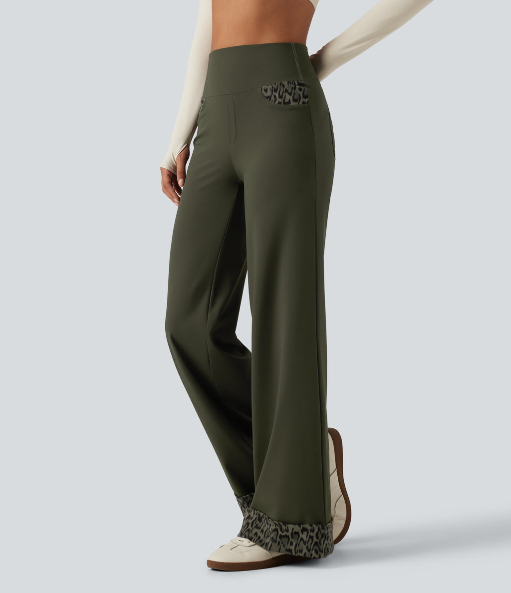 High Waisted Leopard Tummy Control Wide Leg Yoga Trousers with Pockets — Forest Night — view 3