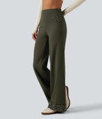 High Waisted Leopard Tummy Control Wide Leg Yoga Trousers with Pockets — Forest Night — view 3