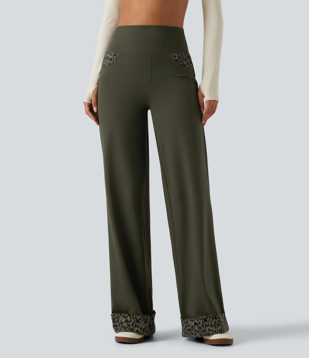 High Waisted Leopard Tummy Control Wide Leg Yoga Trousers with Pockets — Forest Night — view 1
