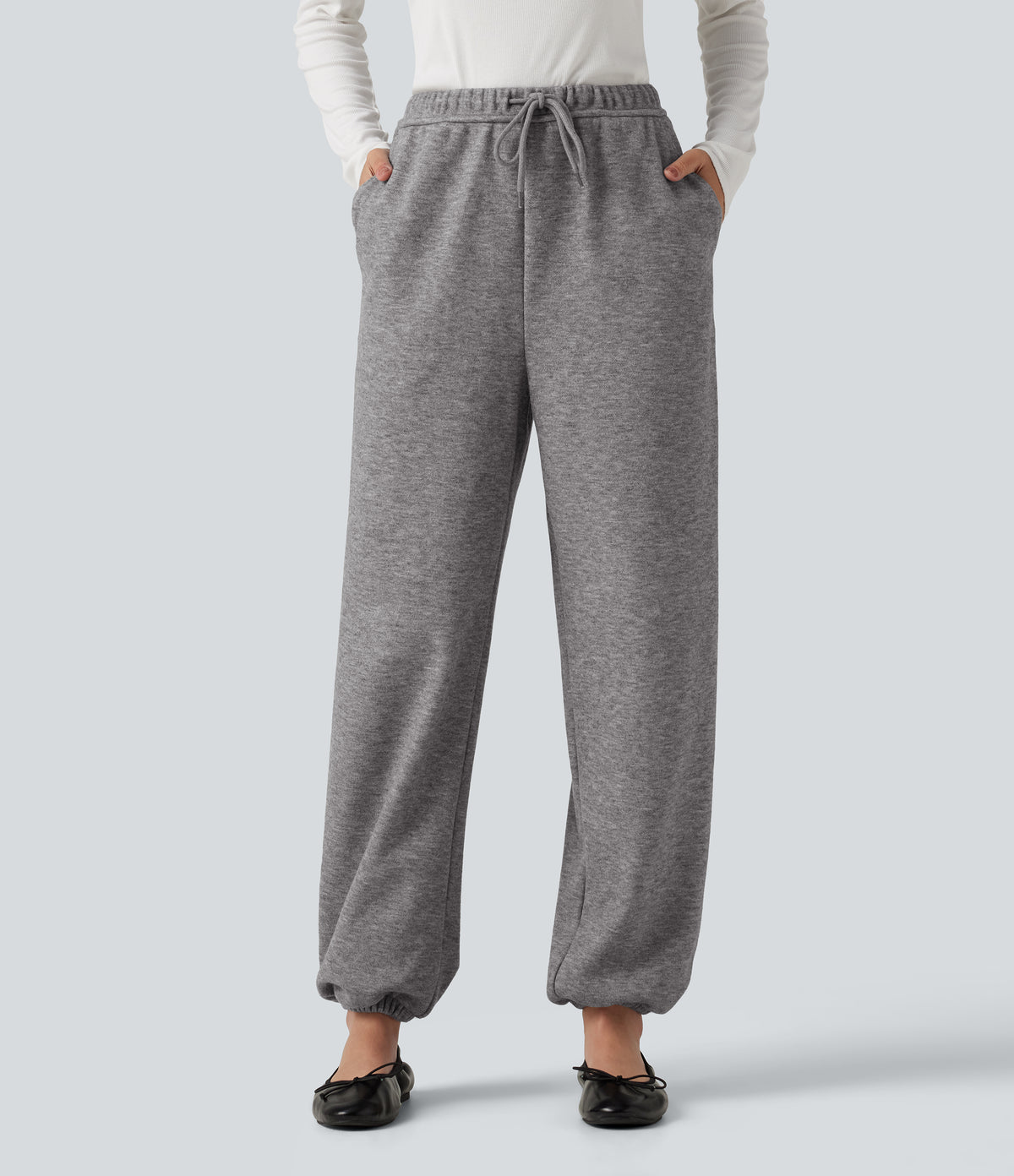 Mid Rise Drawstring Casual Sweatpants with Pockets — Mottled Cloud Grey — view 3