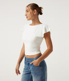 Boat Neck Flounce Sleeve Backless Crisscross Casual Top — White — view 2