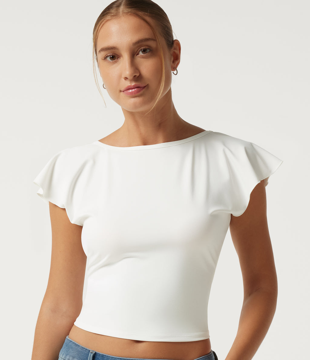 Boat Neck Flounce Sleeve Backless Crisscross Casual Top — White — view 6