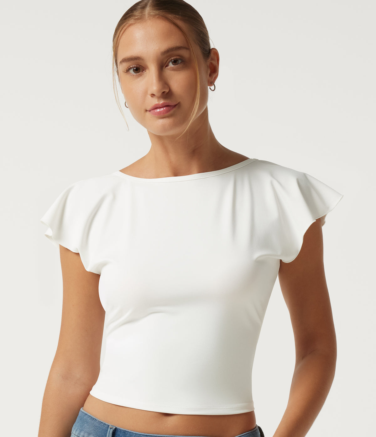 Boat Neck Flounce Sleeve Backless Crisscross Casual Top — White — view 6