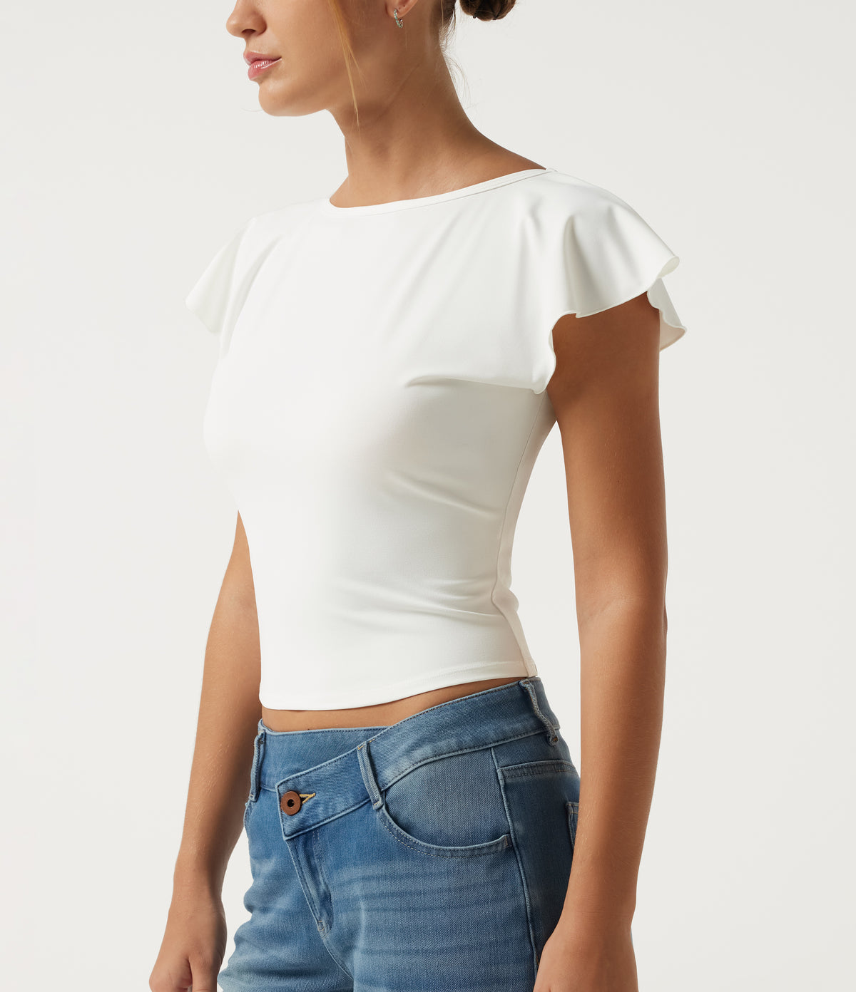 Boat Neck Flounce Sleeve Backless Crisscross Casual Top — White — view 4