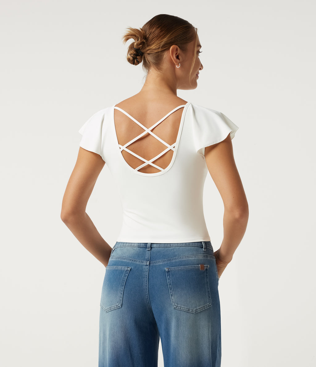 Boat Neck Flounce Sleeve Backless Crisscross Casual Top — White — view 5
