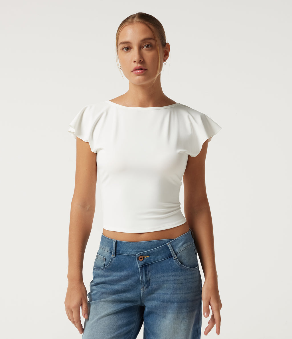 Boat Neck Flounce Sleeve Backless Crisscross Casual Top — White — view 3