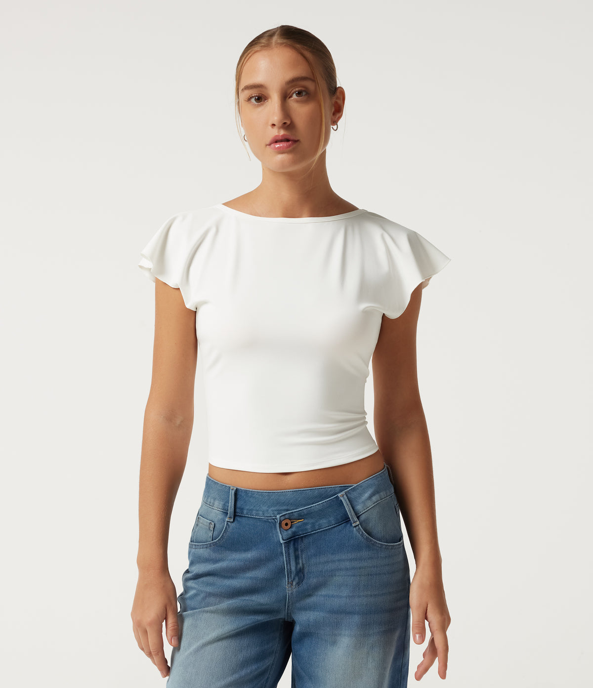 Boat Neck Flounce Sleeve Backless Crisscross Casual Top — White — view 3