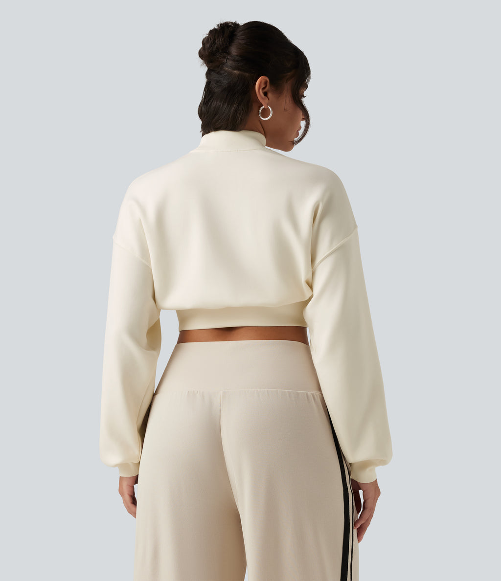 Mock Neck Dropped Long Sleeve Casual Cropped Sweatshirt — Milk Tea Apricot — view 2
