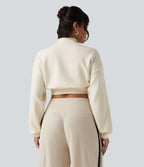 Mock Neck Dropped Long Sleeve Casual Cropped Sweatshirt — Milk Tea Apricot — view 2