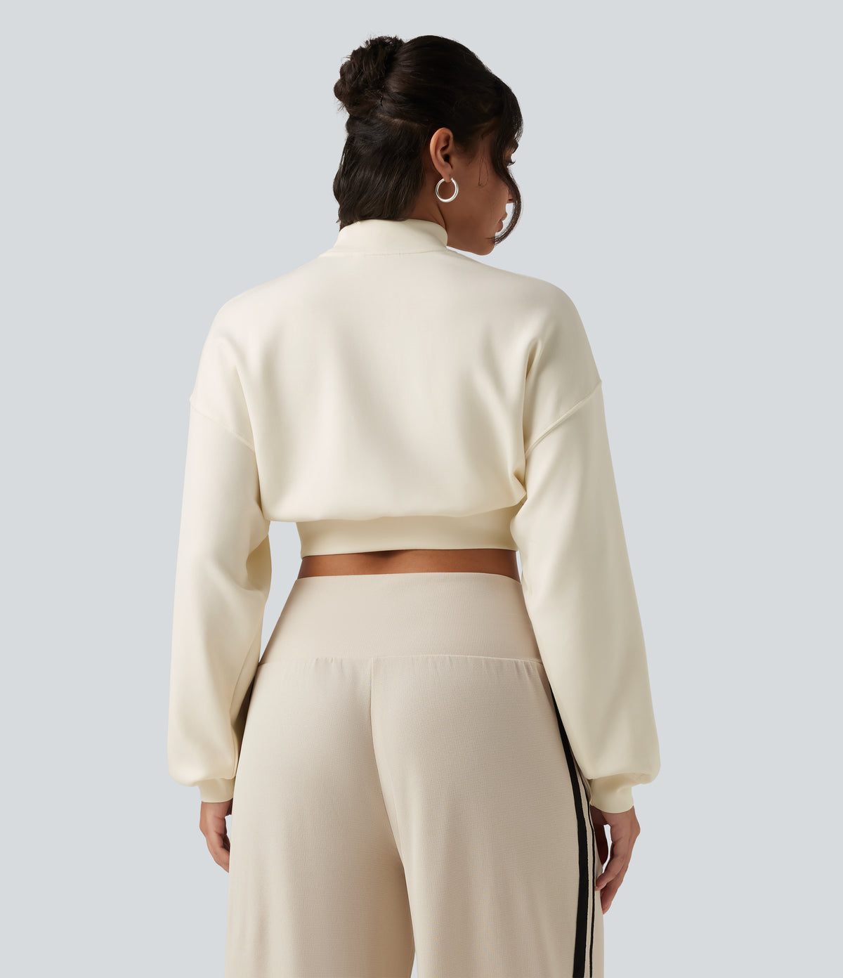 Mock Neck Dropped Long Sleeve Casual Cropped Sweatshirt — Milk Tea Apricot — view 2