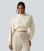 Mock Neck Dropped Long Sleeve Casual Cropped Sweatshirt — Milk Tea Apricot — view 1