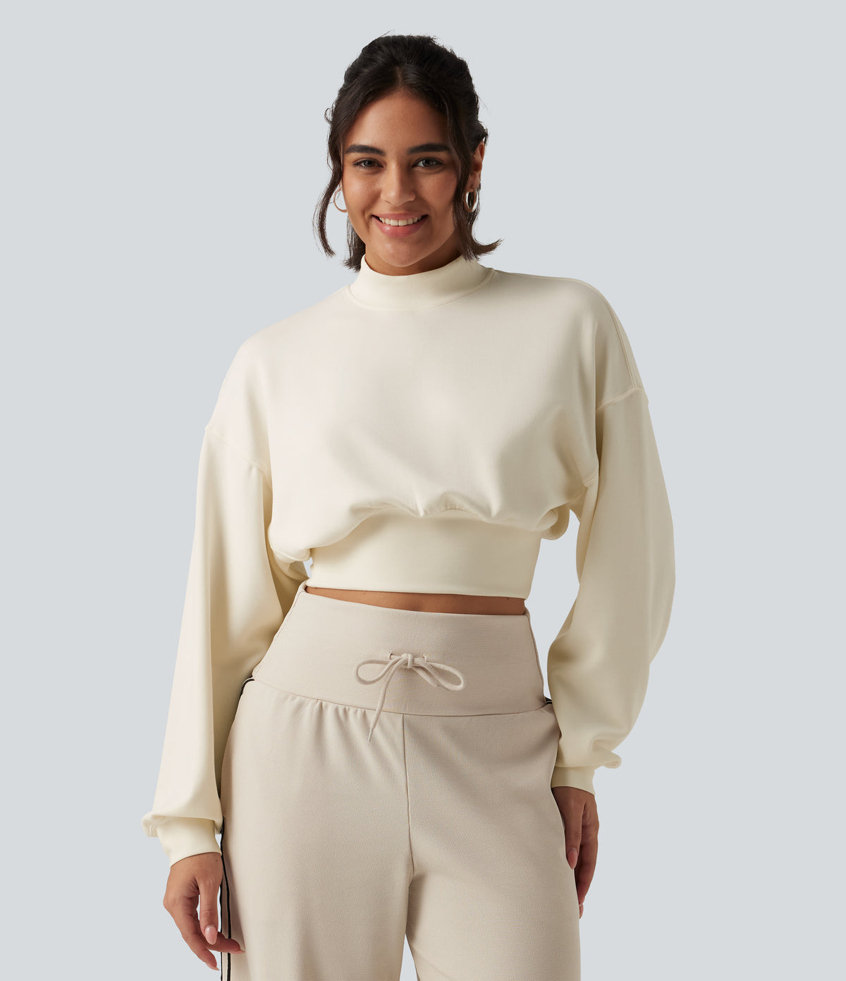 Mock Neck Dropped Long Sleeve Casual Cropped Sweatshirt — Milk Tea Apricot — view 1