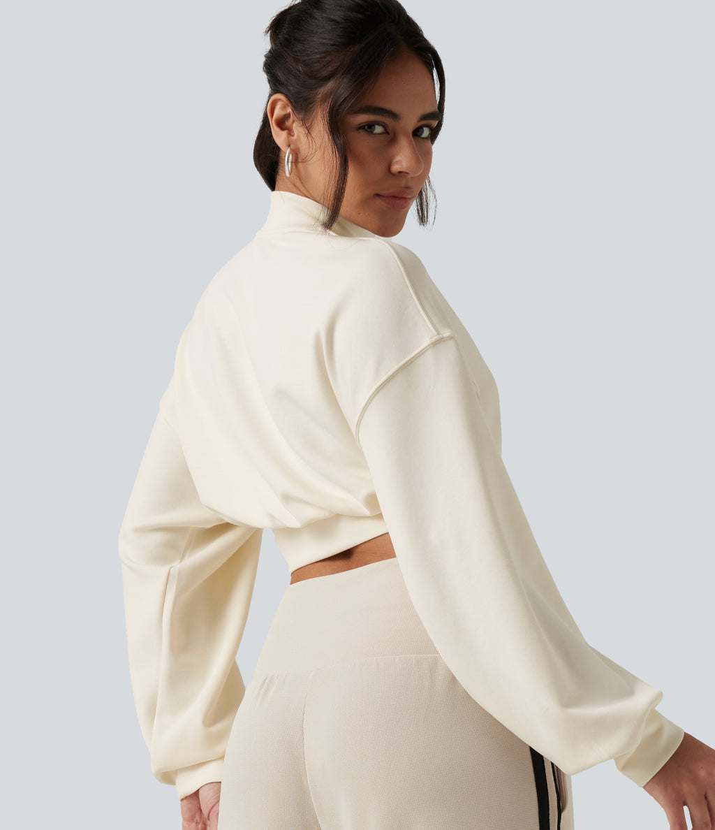 Mock Neck Dropped Long Sleeve Casual Cropped Sweatshirt — Milk Tea Apricot — view 6