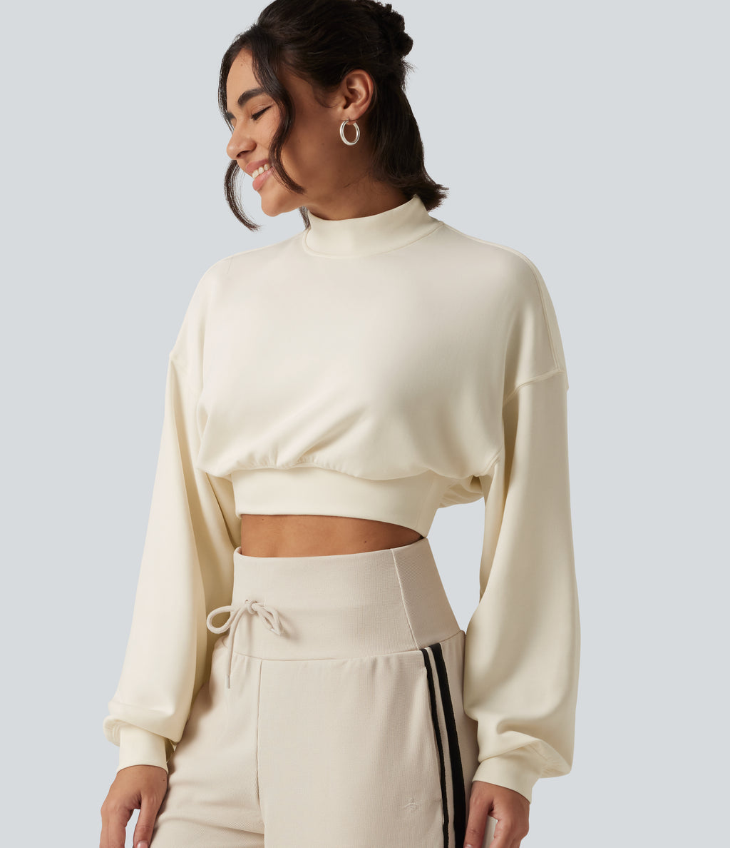 Mock Neck Dropped Long Sleeve Casual Cropped Sweatshirt — Milk Tea Apricot — view 5