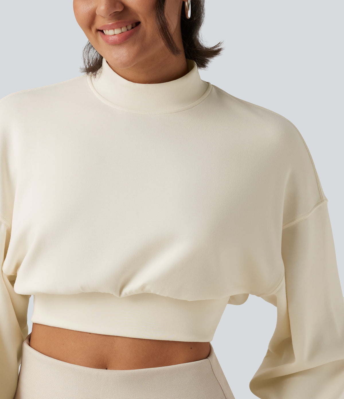 Mock Neck Dropped Long Sleeve Casual Cropped Sweatshirt — Milk Tea Apricot — view 4