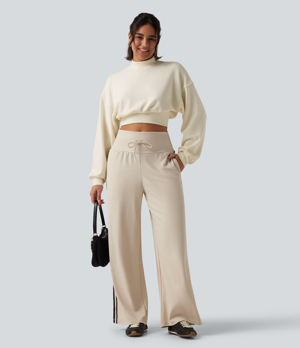 Mock Neck Dropped Long Sleeve Casual Cropped Sweatshirt — Milk Tea Apricot — view 7