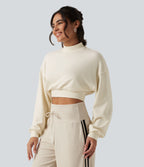 Mock Neck Dropped Long Sleeve Casual Cropped Sweatshirt — Milk Tea Apricot — view 3
