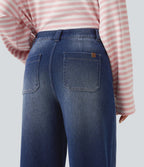 High Waisted Baggy Relaxed Casual Jeans with Pockets — Estate Blue Denim — view 5