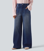 High Waisted Baggy Relaxed Casual Jeans with Pockets — Estate Blue Denim — view 1
