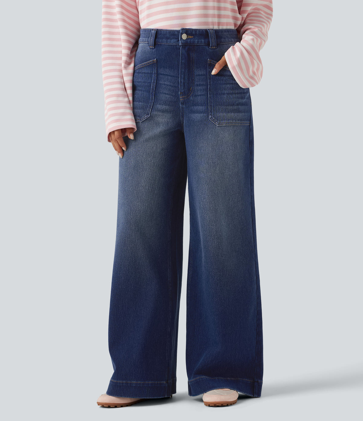 High Waisted Baggy Relaxed Casual Jeans with Pockets — Estate Blue Denim — view 1