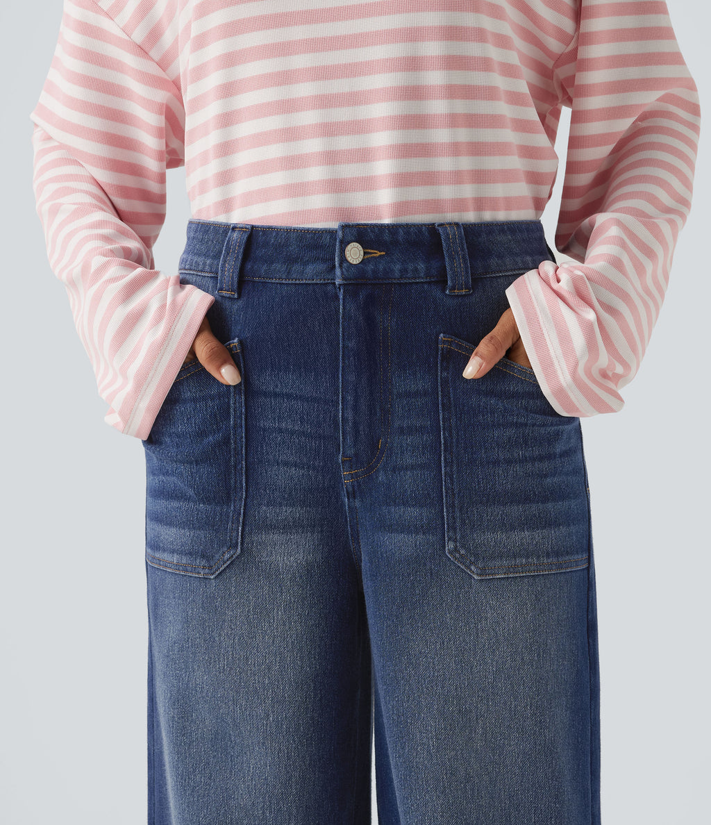 High Waisted Baggy Relaxed Casual Jeans with Pockets — Estate Blue Denim — view 4