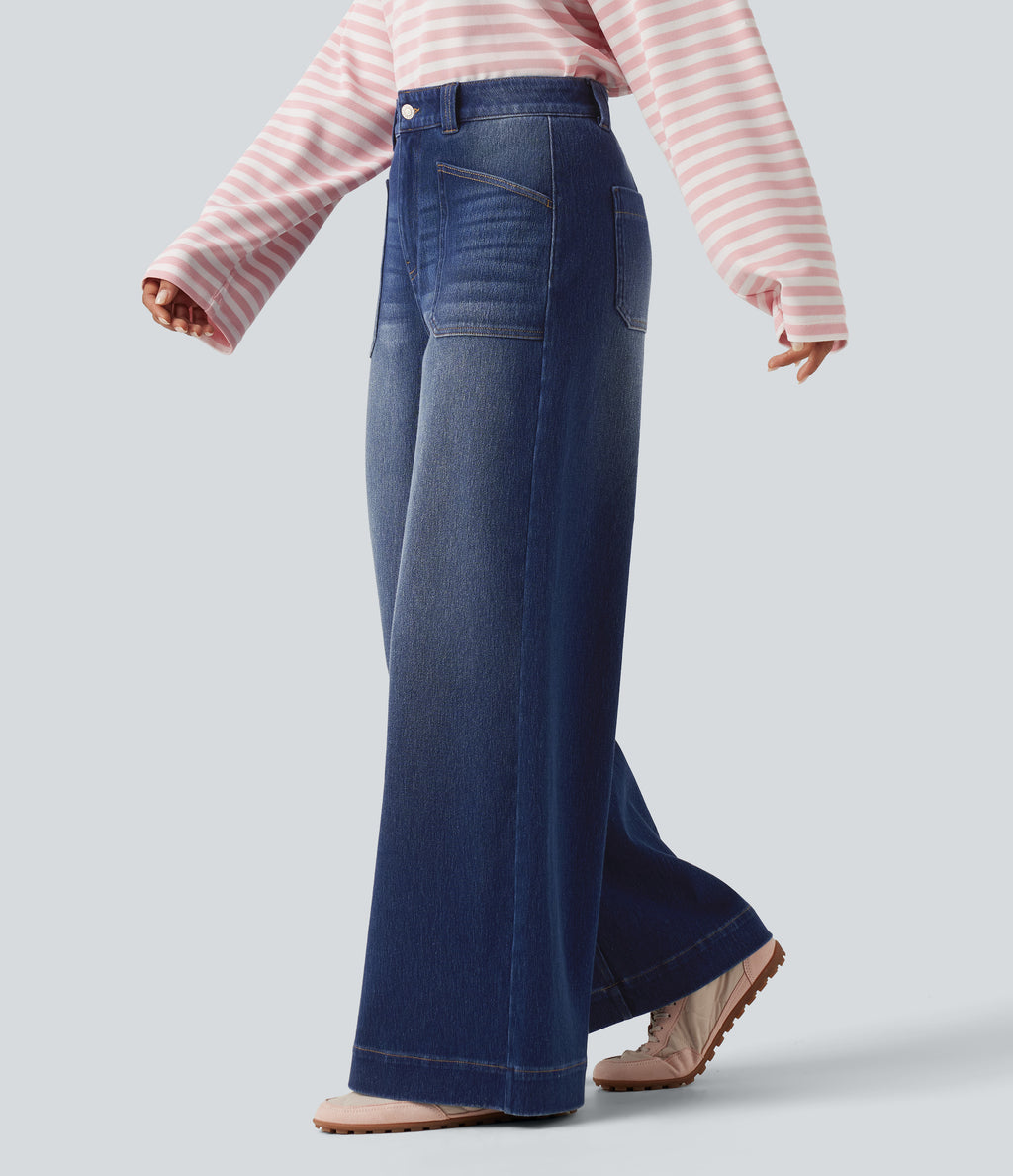 High Waisted Baggy Relaxed Casual Jeans with Pockets — Estate Blue Denim — view 3
