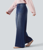 High Waisted Baggy Relaxed Casual Jeans with Pockets — Estate Blue Denim — view 3