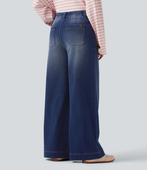 High Waisted Baggy Relaxed Casual Jeans with Pockets — Estate Blue Denim — view 2