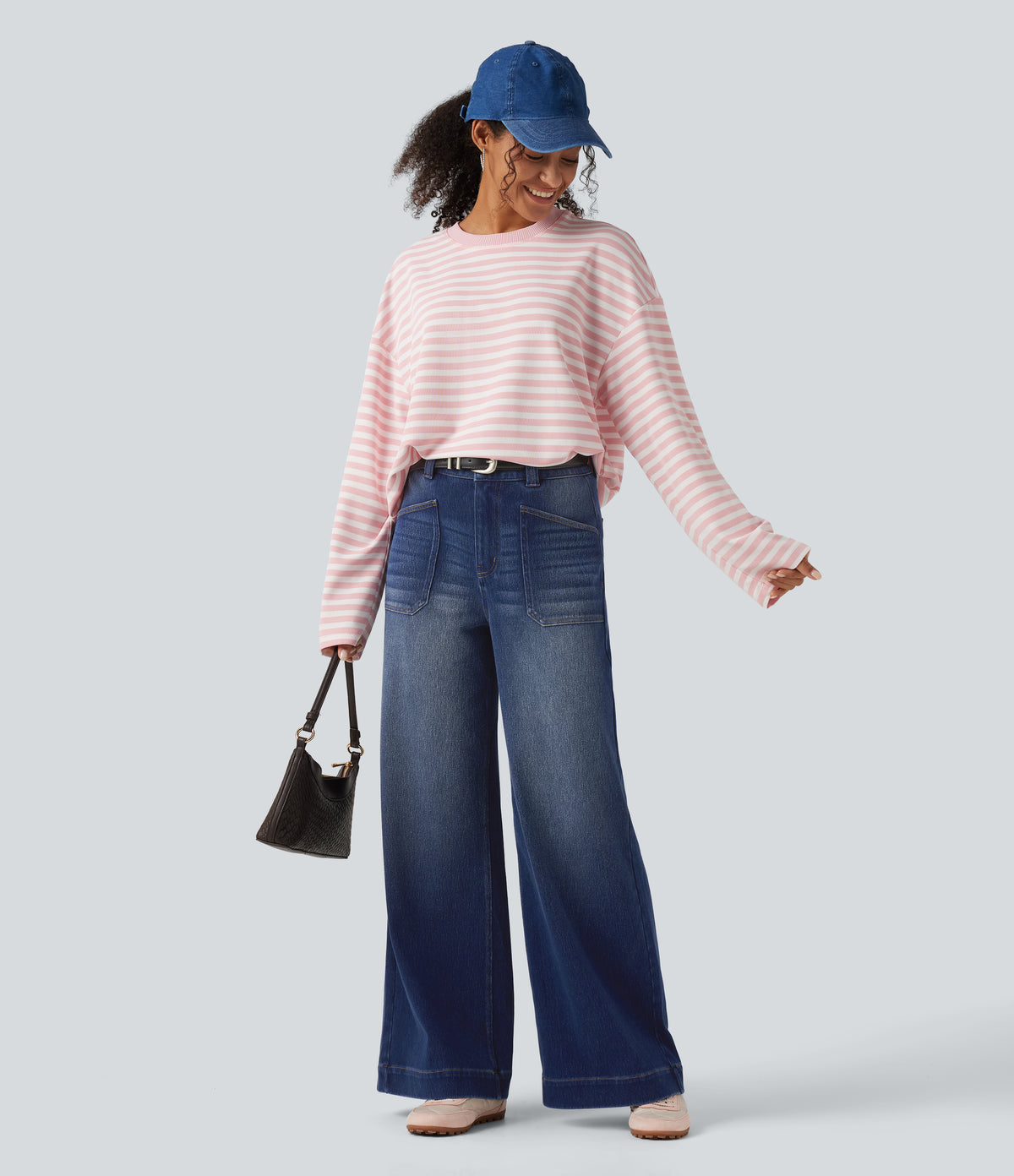High Waisted Baggy Relaxed Casual Jeans with Pockets — Estate Blue Denim — view 6