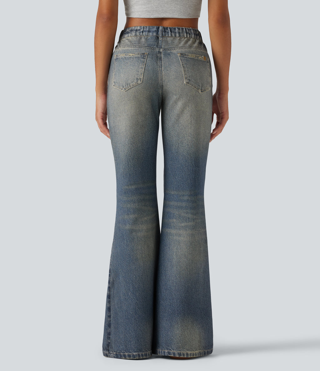 Mid Rise Denim Print Casual Flare Jeans with Pockets — Dutch Blue Denim — view 2