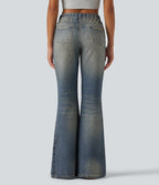 Mid Rise Denim Print Casual Flare Jeans with Pockets — Dutch Blue Denim — view 2