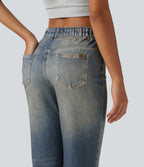 Mid Rise Denim Print Casual Flare Jeans with Pockets — Dutch Blue Denim — view 5