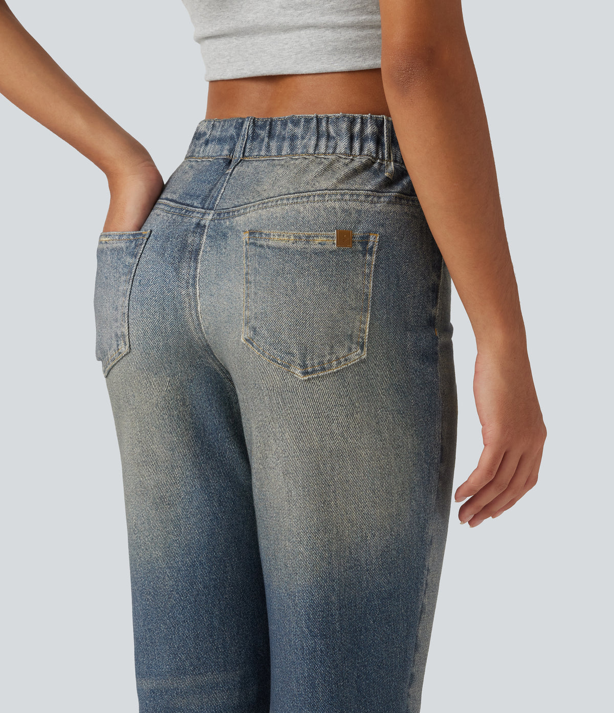 Mid Rise Denim Print Casual Flare Jeans with Pockets — Dutch Blue Denim — view 5