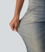 Mid Rise Denim Print Casual Flare Jeans with Pockets — Dutch Blue Denim — view 6