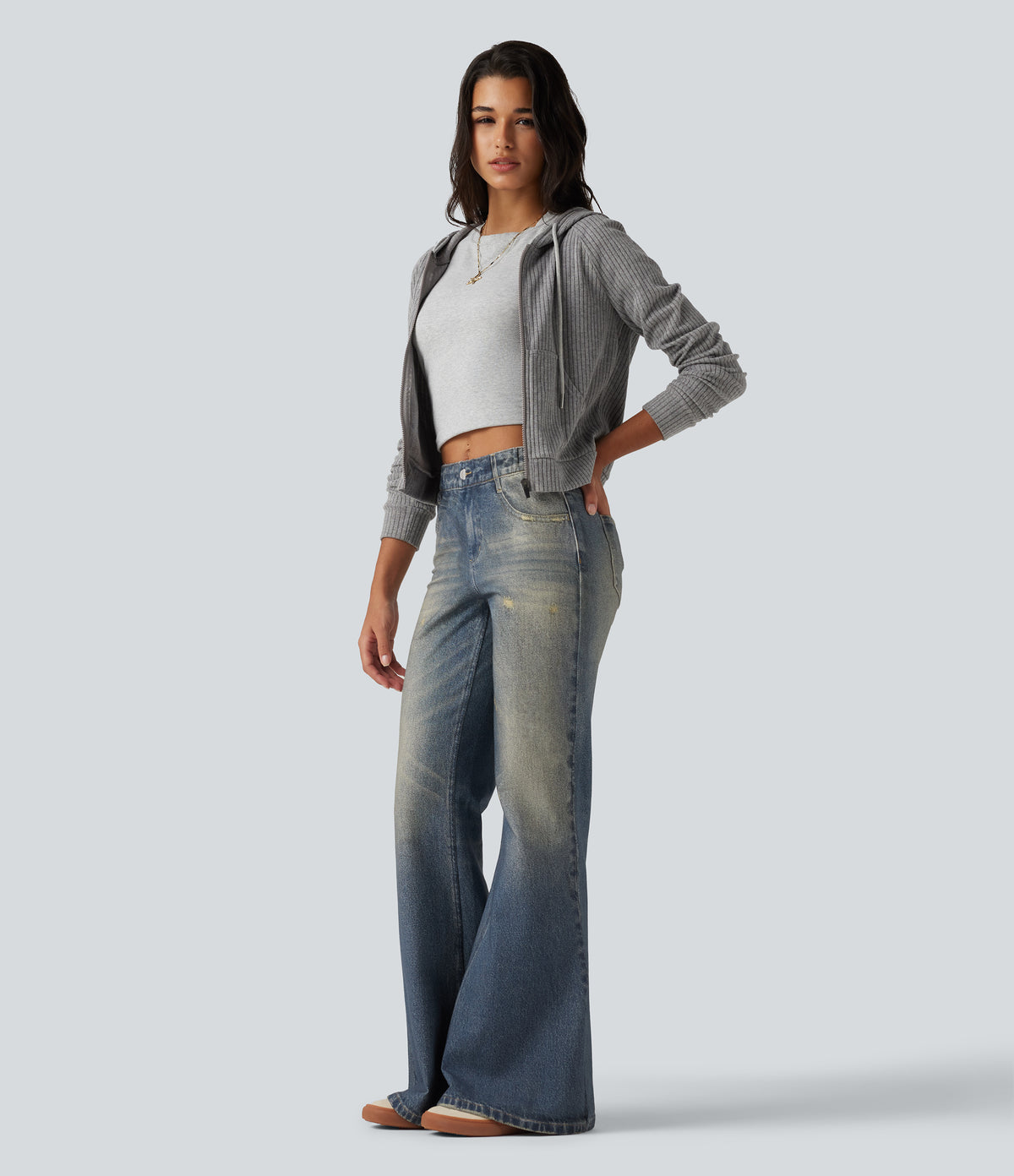 Mid Rise Denim Print Casual Flare Jeans with Pockets — Dutch Blue Denim — view 7