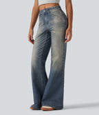 Mid Rise Denim Print Casual Flare Jeans with Pockets — Dutch Blue Denim — view 3