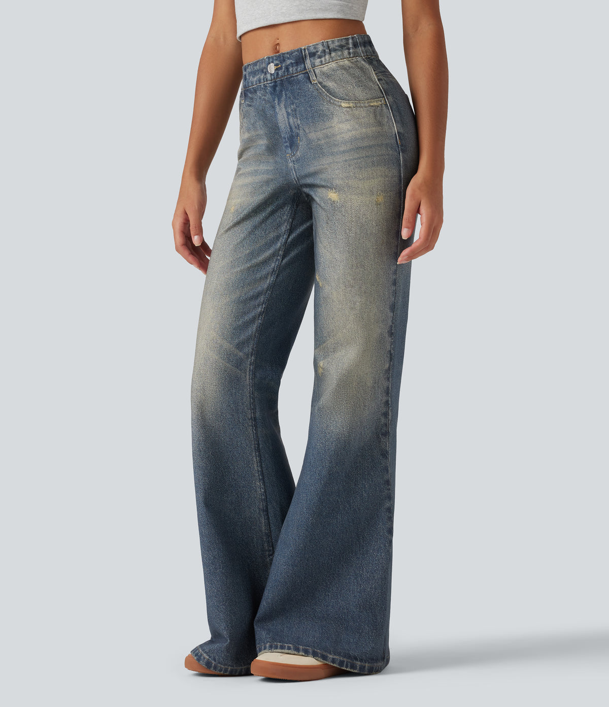 Mid Rise Denim Print Casual Flare Jeans with Pockets — Dutch Blue Denim — view 3