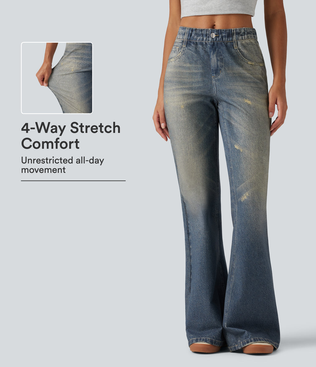 Mid Rise Denim Print Casual Flare Jeans with Pockets — Dutch Blue Denim — view 1