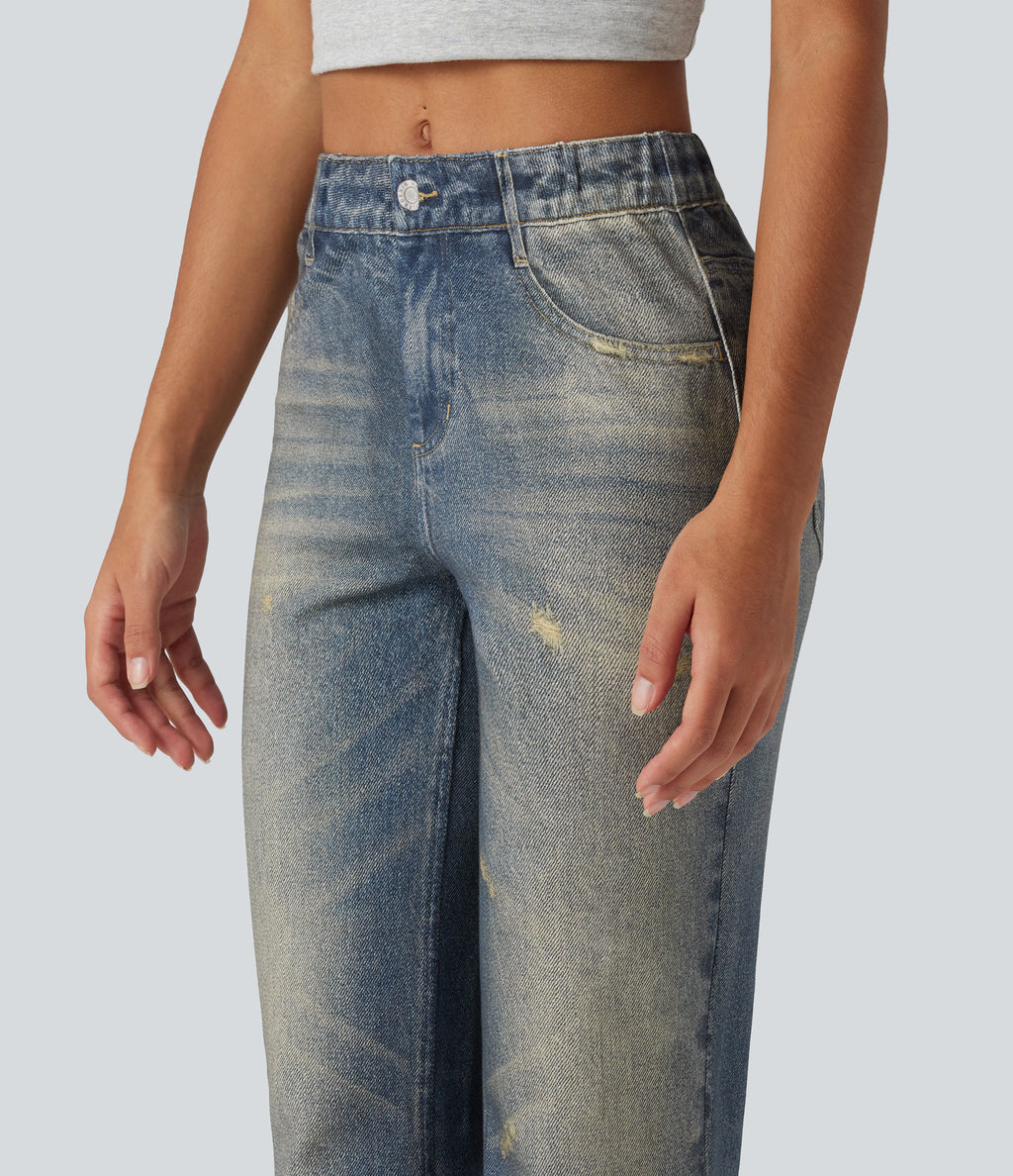 Mid Rise Denim Print Casual Flare Jeans with Pockets — Dutch Blue Denim — view 4