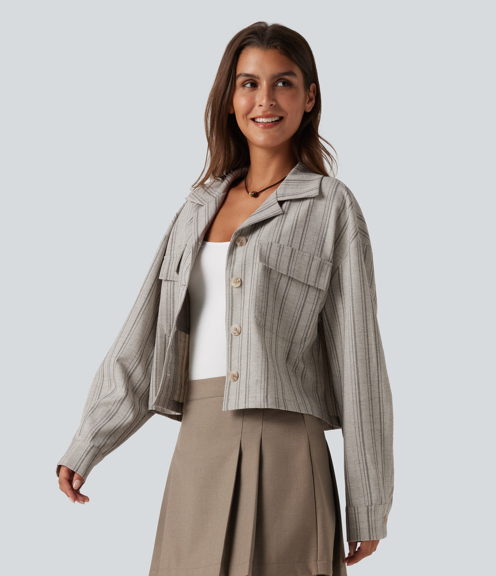 Collared Long Sleeve Stripe Casual Linen-Feel Jacket with Pockets — Toasted Linen — view 3