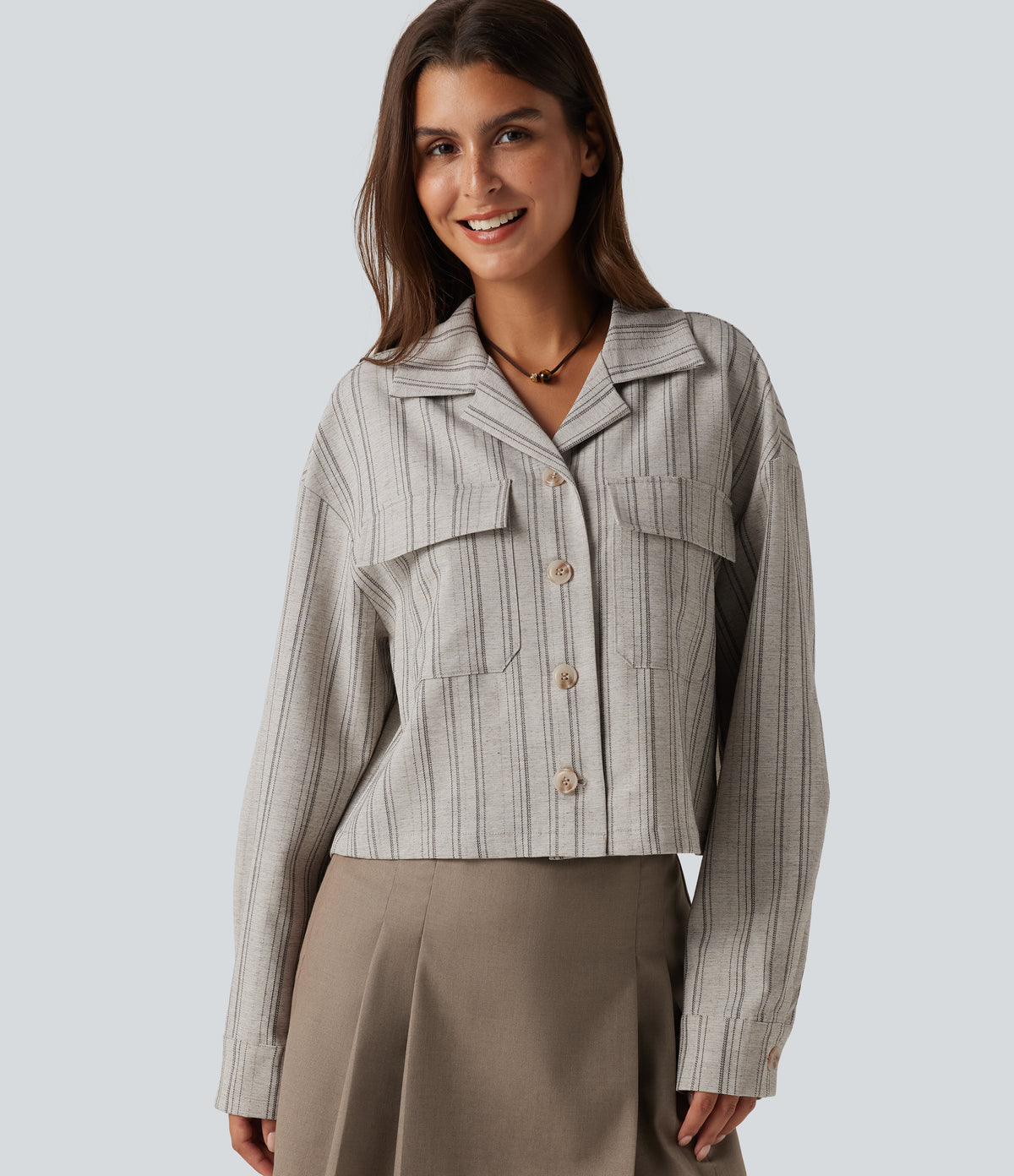 Collared Long Sleeve Stripe Casual Linen-Feel Jacket with Pockets — Toasted Linen — view 6
