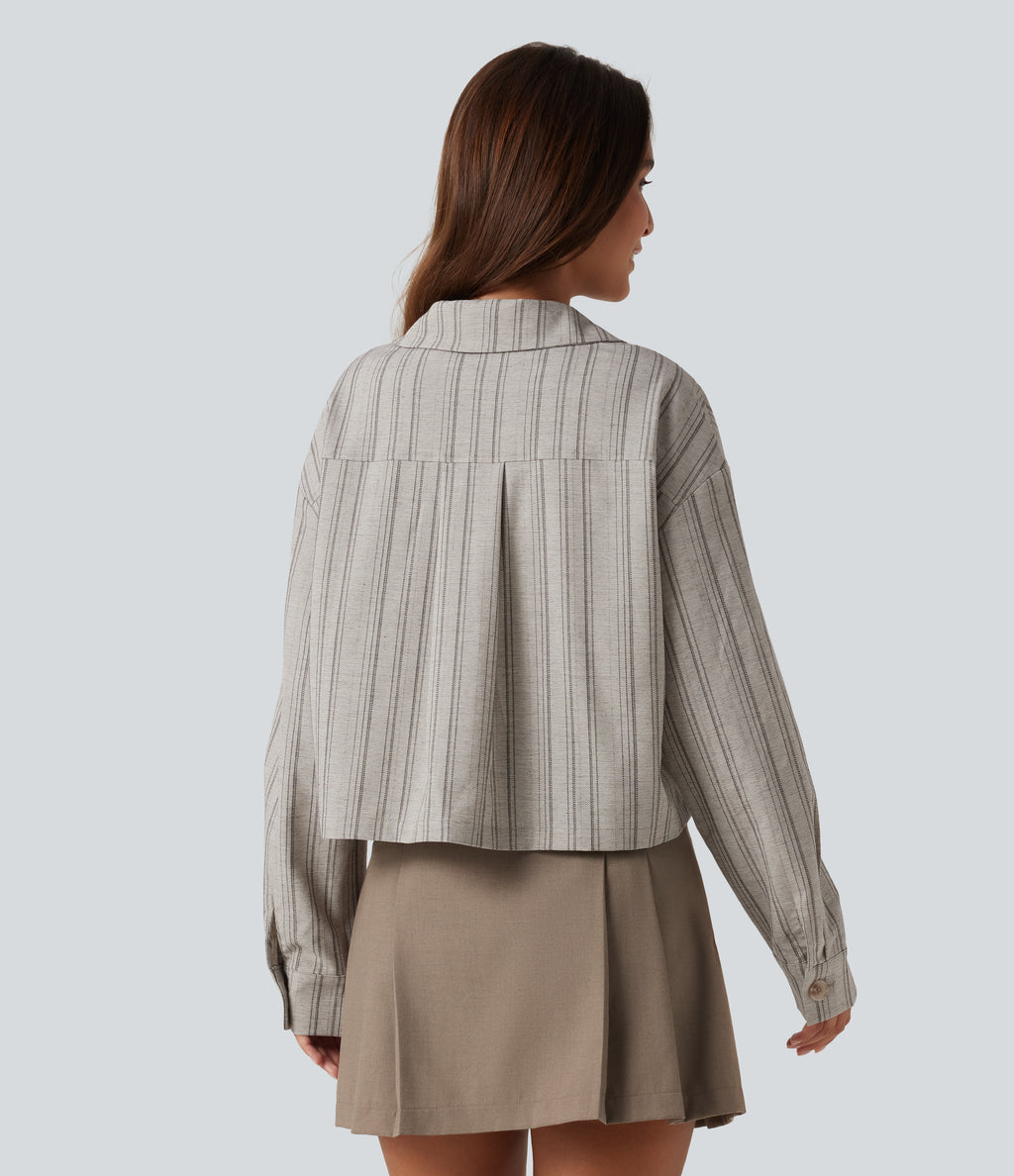 Collared Long Sleeve Stripe Casual Linen-Feel Jacket with Pockets — Toasted Linen — view 2