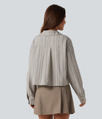 Collared Long Sleeve Stripe Casual Linen-Feel Jacket with Pockets — Toasted Linen — view 2
