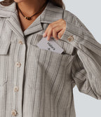 Collared Long Sleeve Stripe Casual Linen-Feel Jacket with Pockets — Toasted Linen — view 7