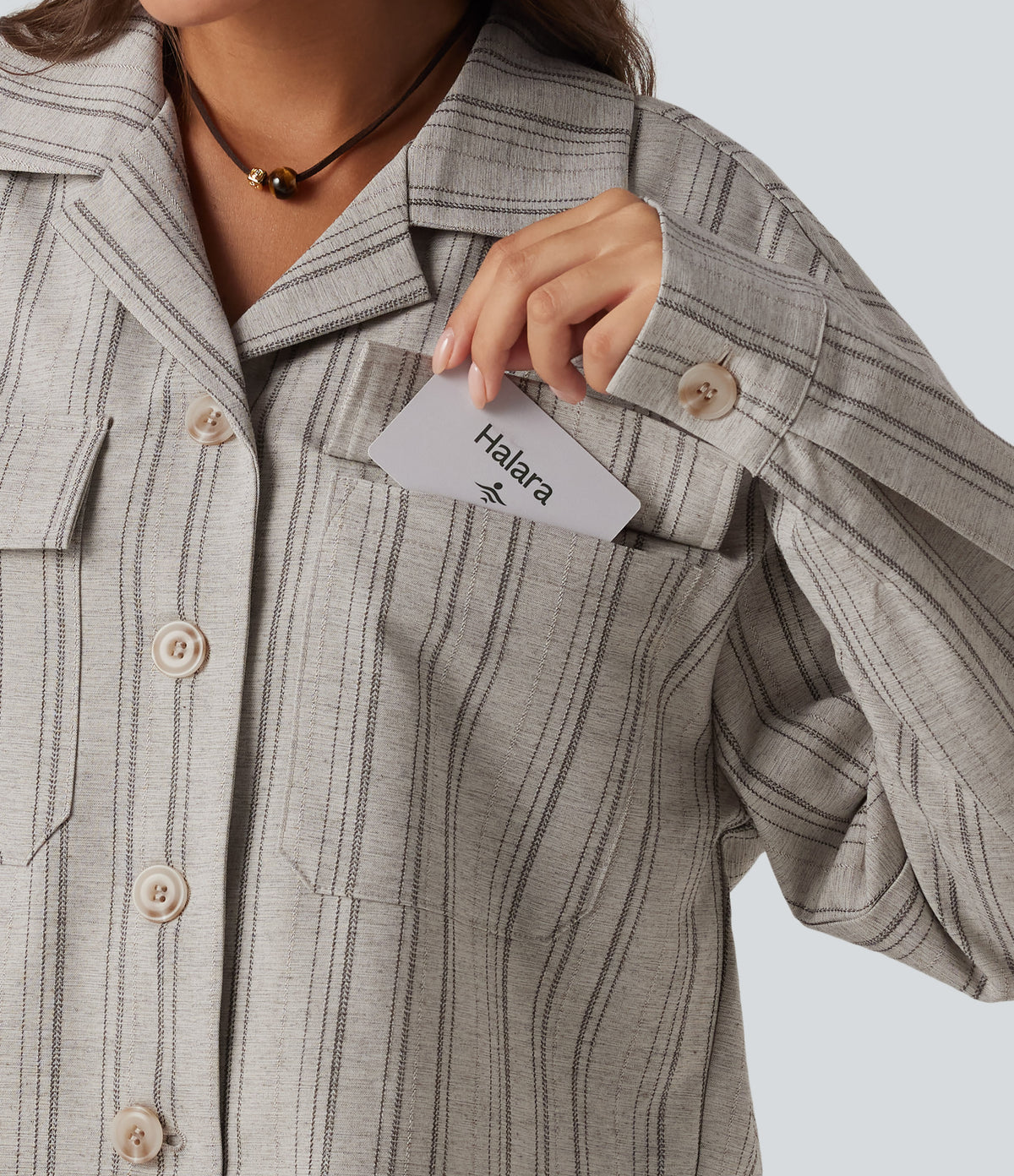 Collared Long Sleeve Stripe Casual Linen-Feel Jacket with Pockets — Toasted Linen — view 7