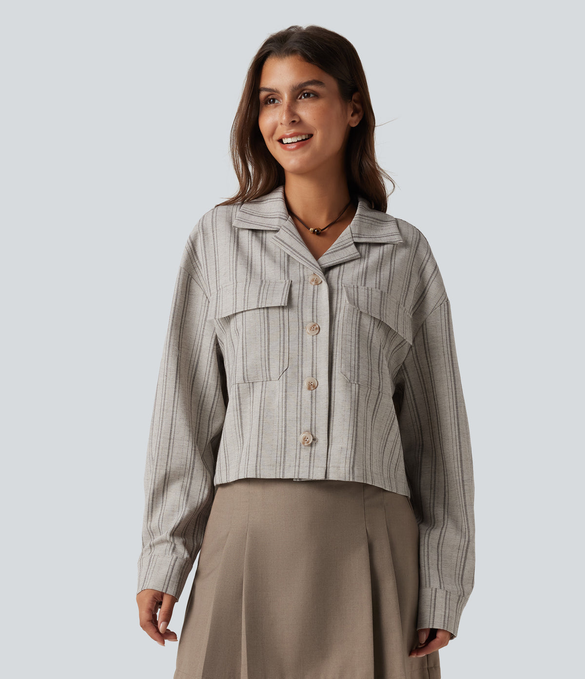 Collared Long Sleeve Stripe Casual Linen-Feel Jacket with Pockets — Toasted Linen — view 5