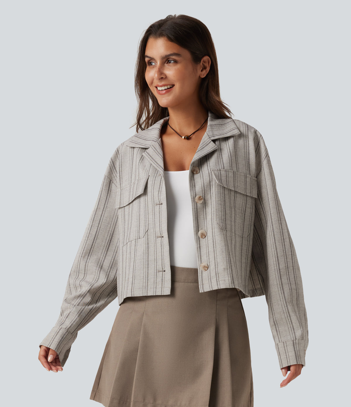 Collared Long Sleeve Stripe Casual Linen-Feel Jacket with Pockets — Toasted Linen — view 4