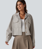 Collared Long Sleeve Stripe Casual Linen-Feel Jacket with Pockets — Toasted Linen — view 1