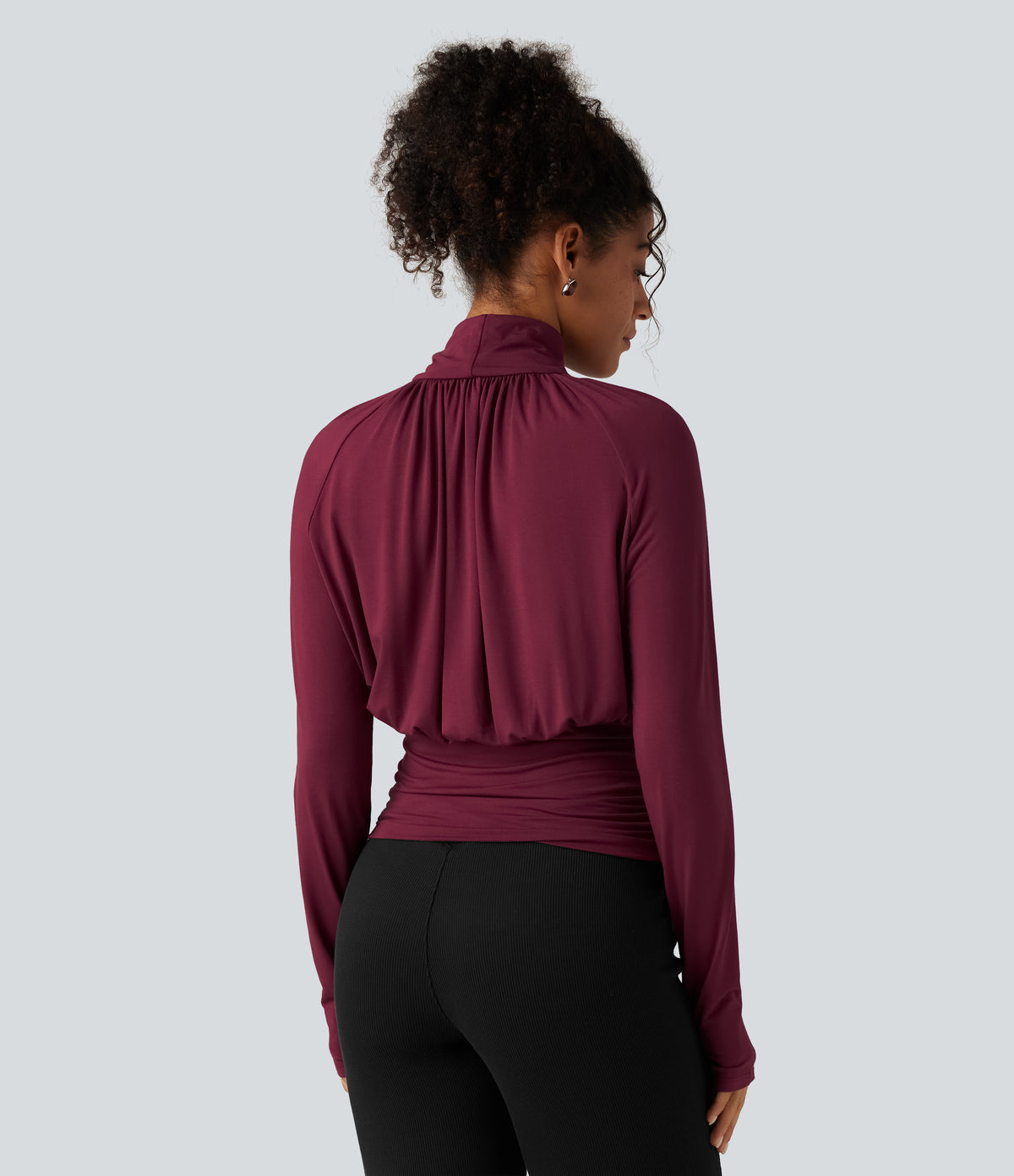 High Neck Long Sleeve Ruched Casual Top — Purple Potion — view 2